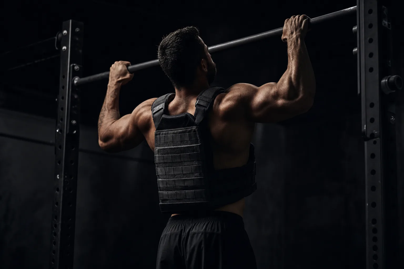 Athlète en gilet lesté réalisant des tractions à la barre fixe dans une salle minimaliste sombre